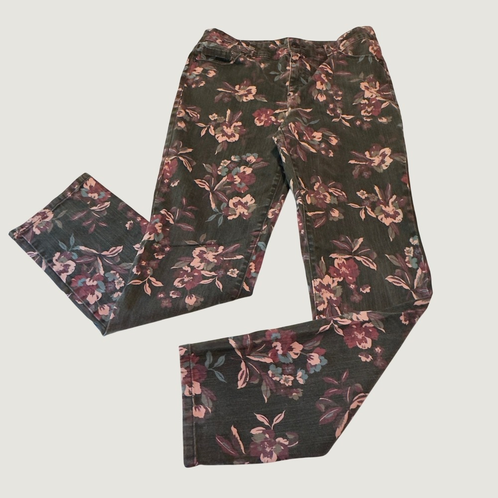 Amy Straight Leg Jeans Black Floral Print Denim Size 8 Moody Botanical Boho